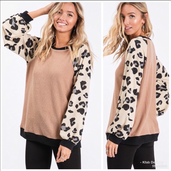 Waffle Knit Color Block Leopard Top - Picture 4 of 8